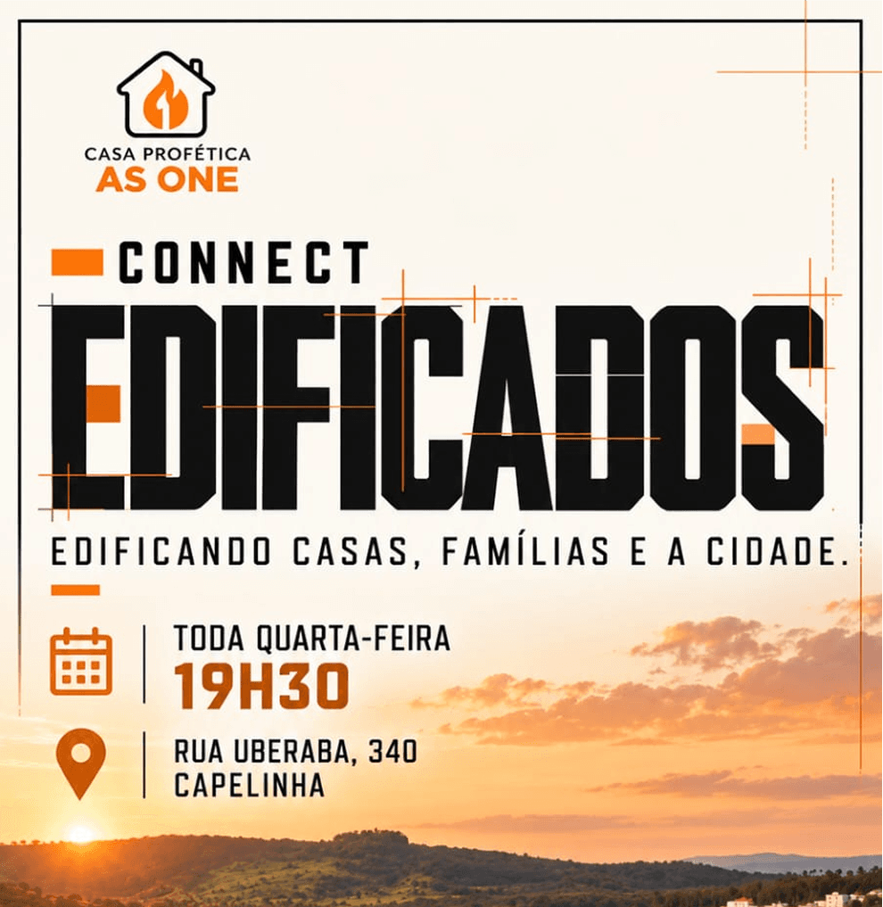 Arte do connect Edificados com letras brancas e laranja sobre fundo de chamas