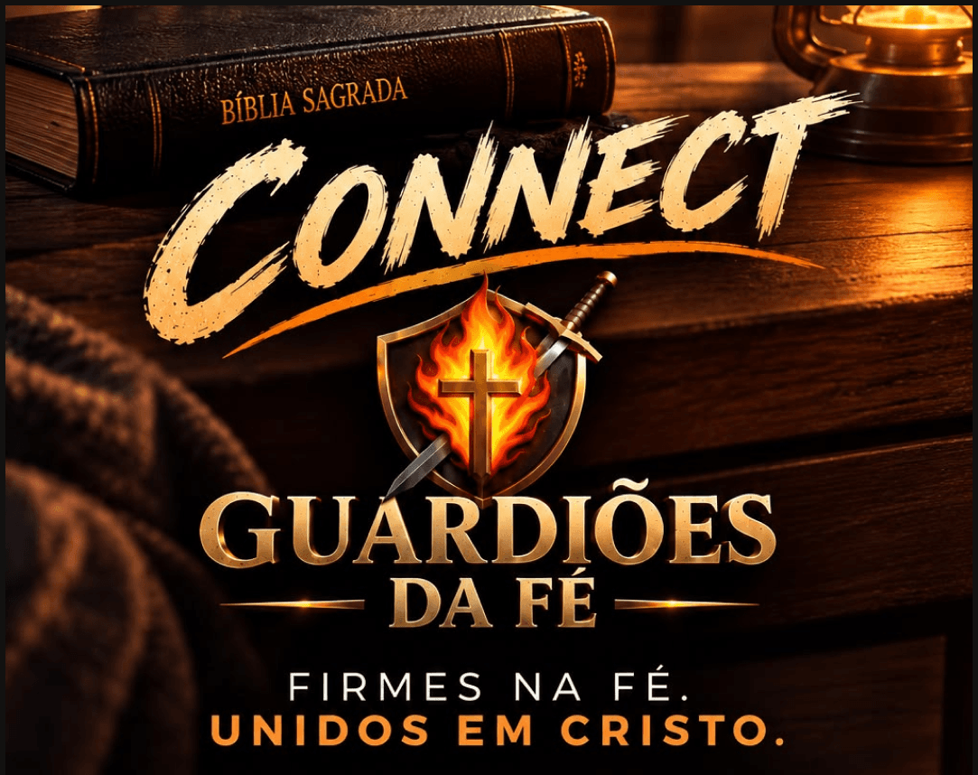 Arte do connect Guardiões da Fé com Bíblia, escudo, cruz e espada sobre fundo de madeira